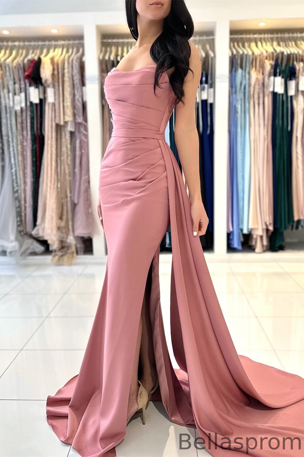 Bellasprom Dusty Rose Mermaid Prom Dress Starpless Pleats With Slit Bellasprom