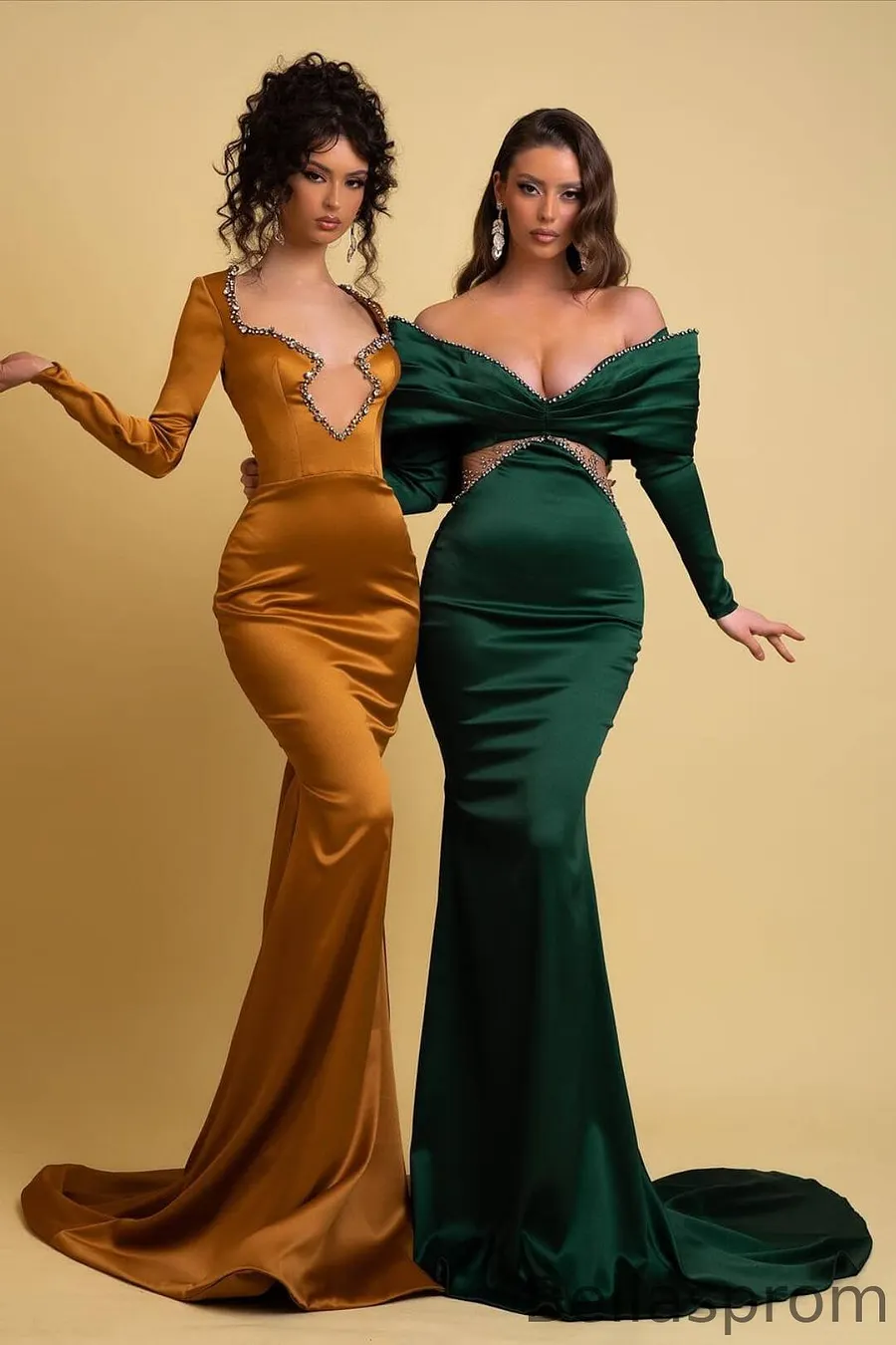 Bellasprom Dark Green Off-The-Shoulder Long Sleeves Mermaid Prom Dress with Beads Same As Picture-US2