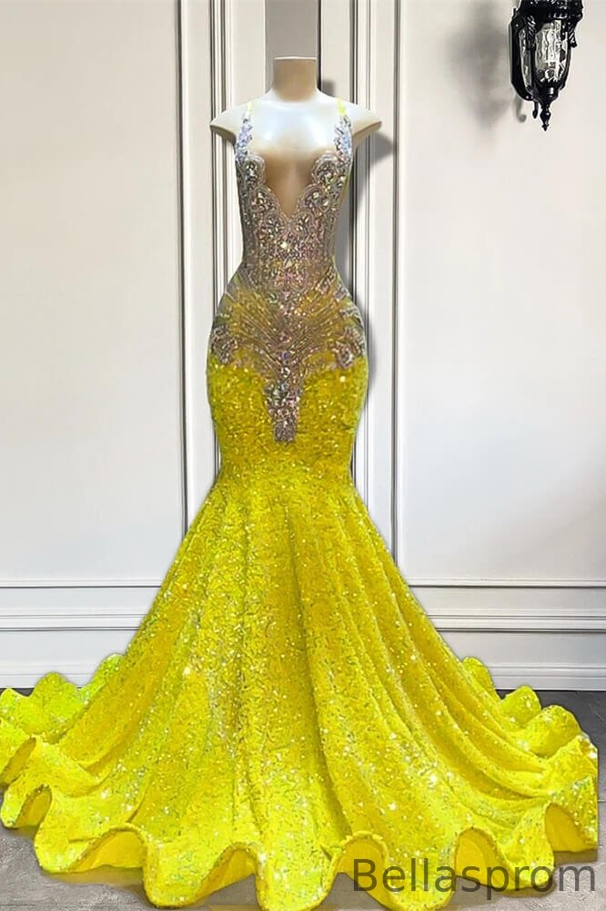 Bellasprom Yellow V-Neck Sleeveless Mermaid Prom Dress With Beadings Sequins Bellasprom