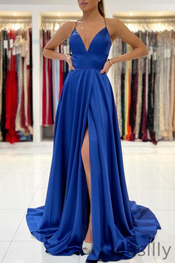 Classic Halter V-Neck Royal Blue Evening Gowns Long Split String Back - lulusllly