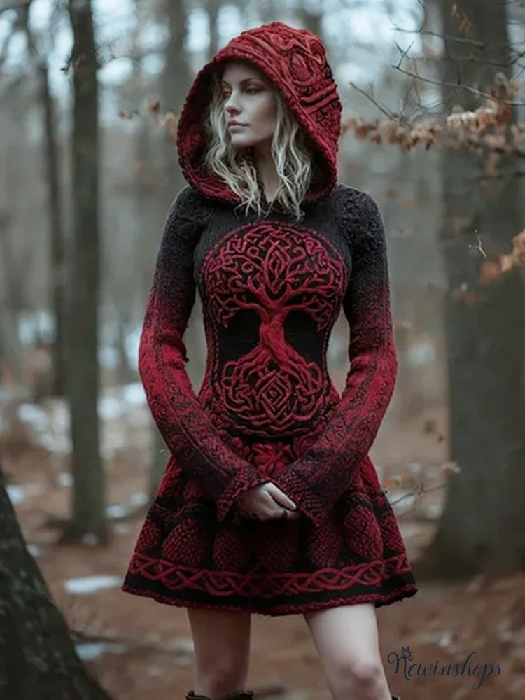 Women's Viking Style Tree Of Life Thick Needle Gradient Hooded Dress