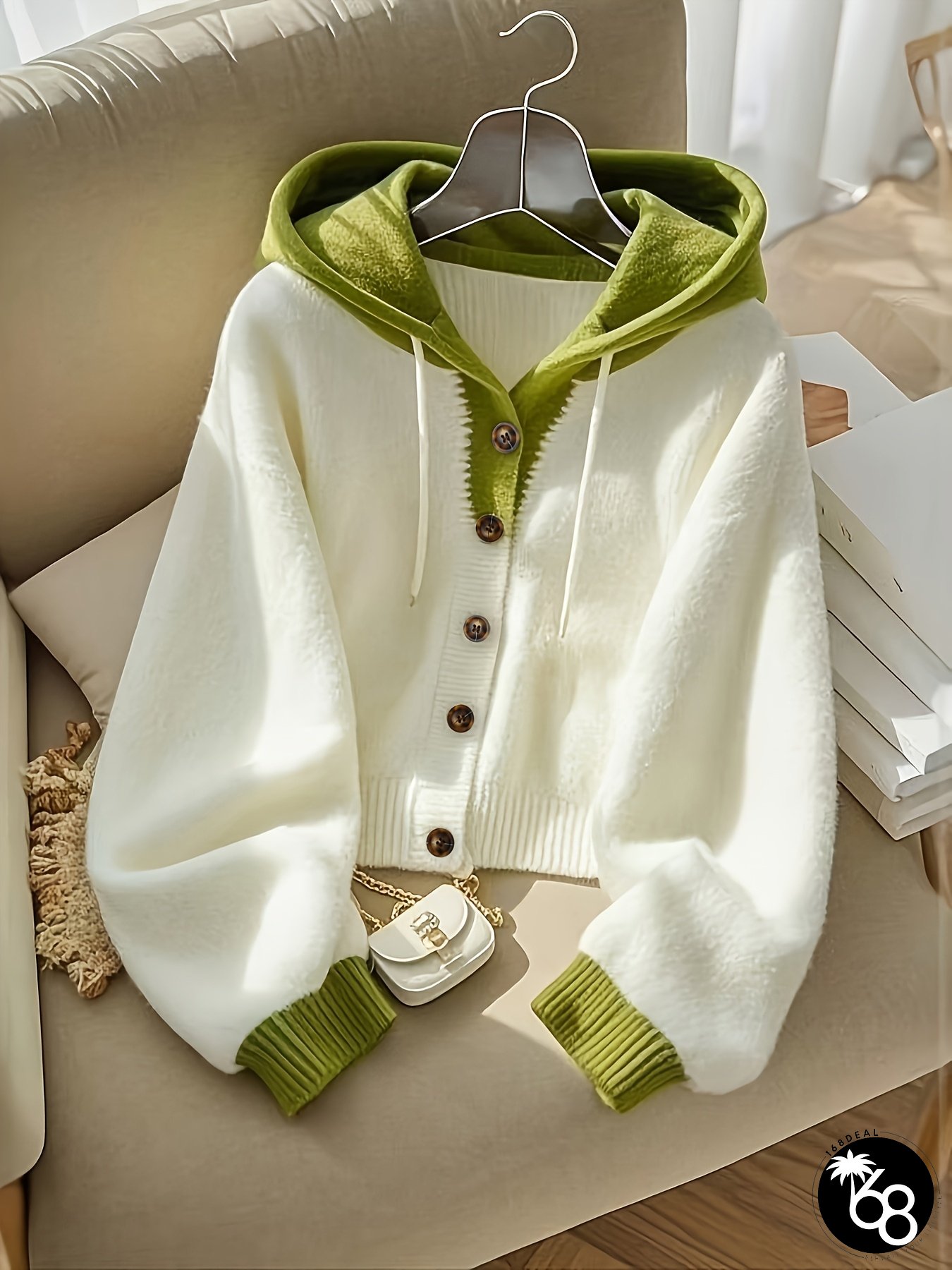 Cozy Color-Block Cardigan with Hood Womens Medium Stretch Casual Winter Sweater for Fall | 168DEAL