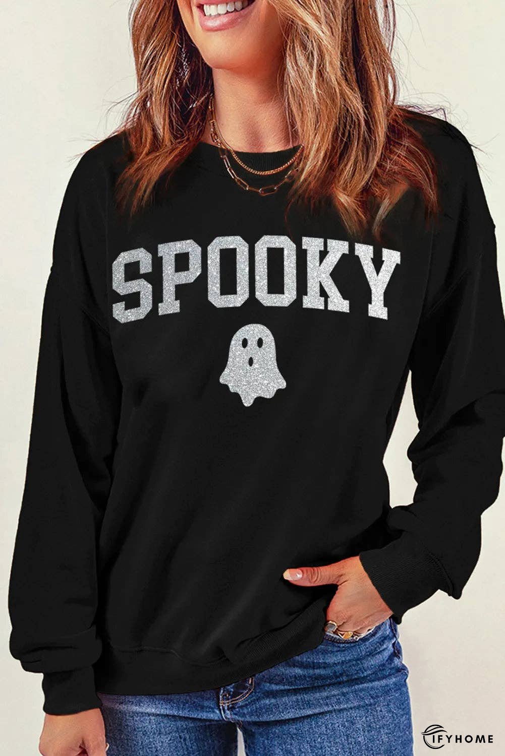 SPOOKY Round Neck Long Sleeve Sweatshirt | IFYHOME