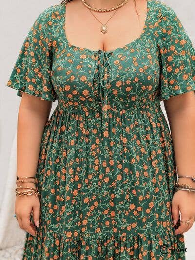 Plus Size Printed Short Sleeve Tiered Maxi Dress | IFYHOME