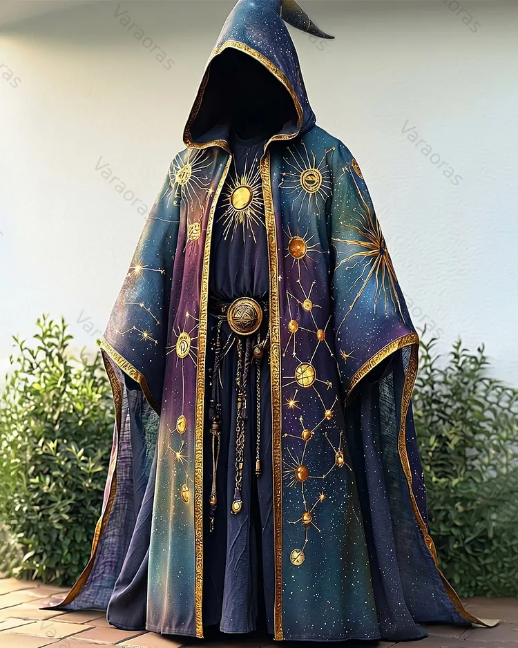 Men's Summer Fashion Star and Moon Embroidered Linen Hooded Cape 9610