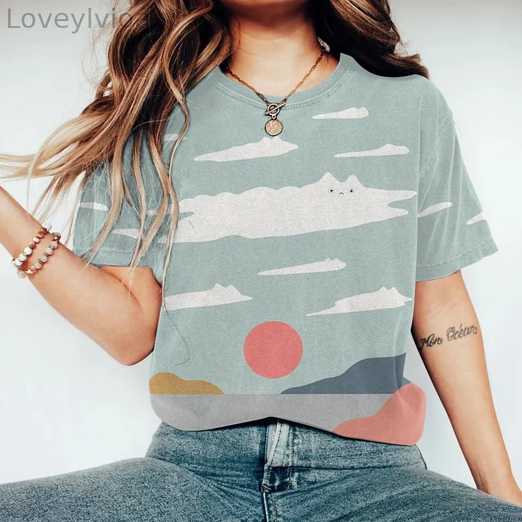 Cloud Cat Print Round Neck Short Sleeve T-Shirt