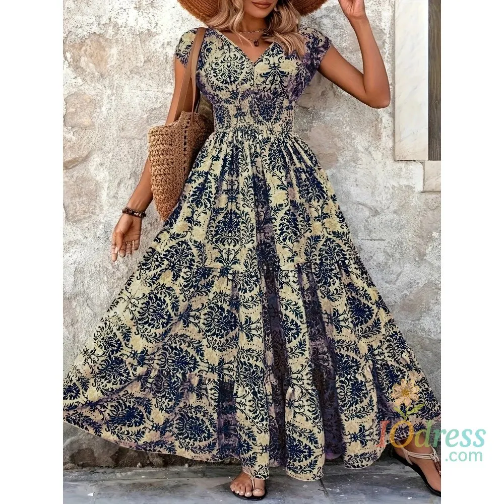 IO Dress Plus Size Women's Bohemian Floral Print V-Neck Short Sleeve Dress Oversized Ruffled Skirt For Women Casual A-line Long Dresses IO Dress