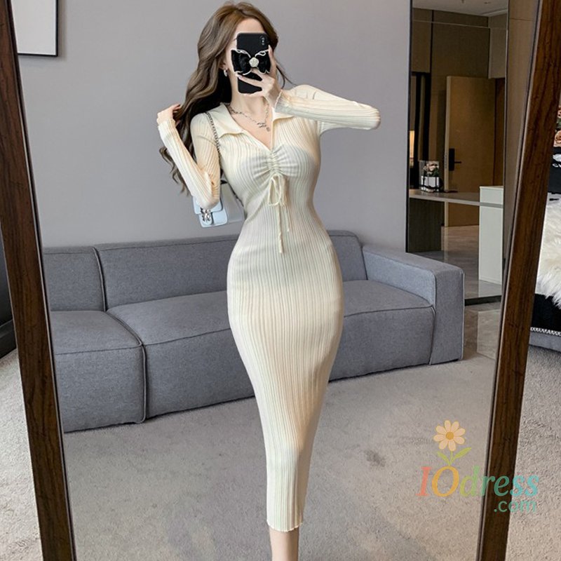 IO Dress YuooMuoo Chic Fashion Elegant Turn-down Collar Knitted Long Dress 2024 Autumn Winter Korean Fashion Ribbed Office Lady Bodycon