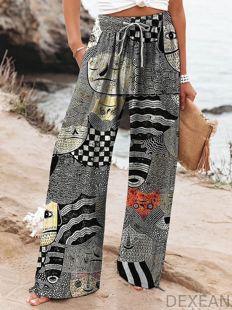 Women's Vintage Abstract Figure Art Printed Cotton And Linen Casual Pants