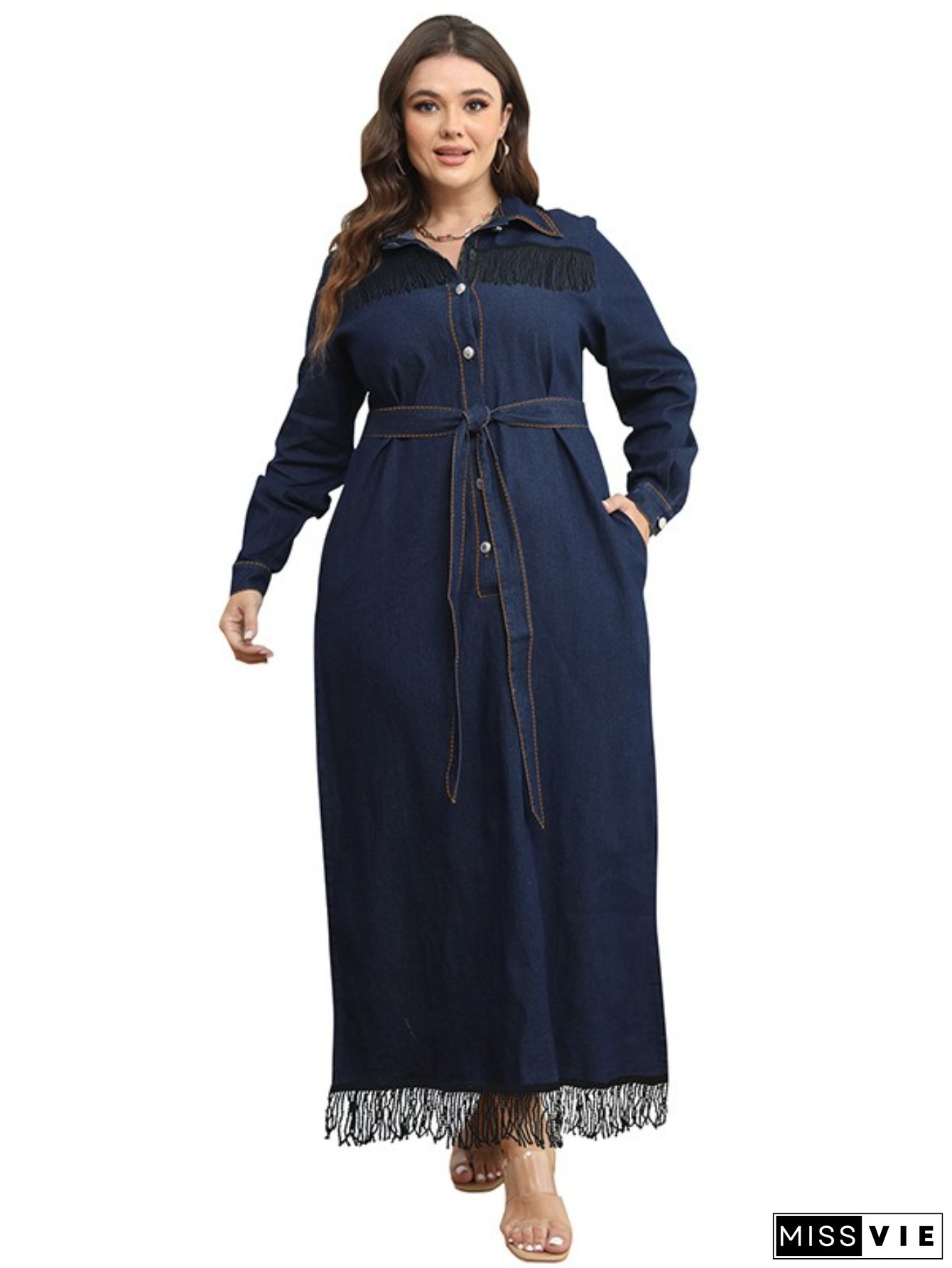 Womens Plus Size Denim Dress with Fringe Hem Off-shoulder Boat Neck Long Sleeve A-line