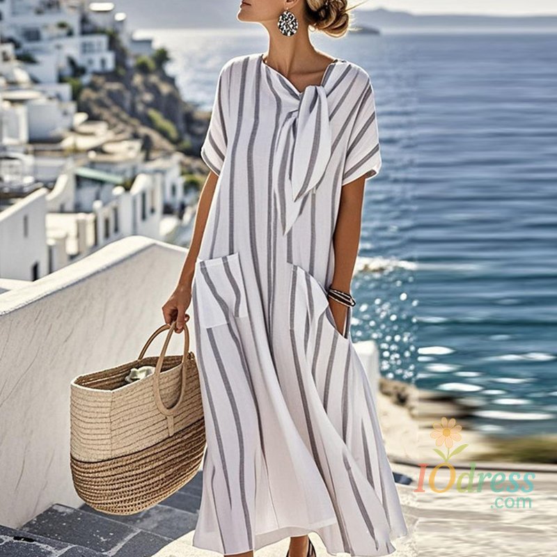 IO Dress Sexy Ladies V Neck Short Sleeved Commuting Dress Elegant Lace Up Loose Beach Dresses Summer Casual Striped Printed Pocket Dress IO Dress