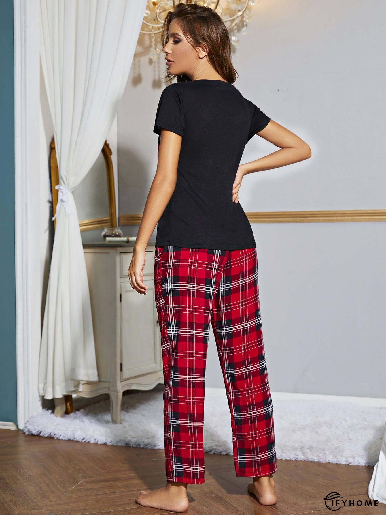 Heart Graphic V-Neck Top and Plaid Pants Lounge Set | IFYHOME