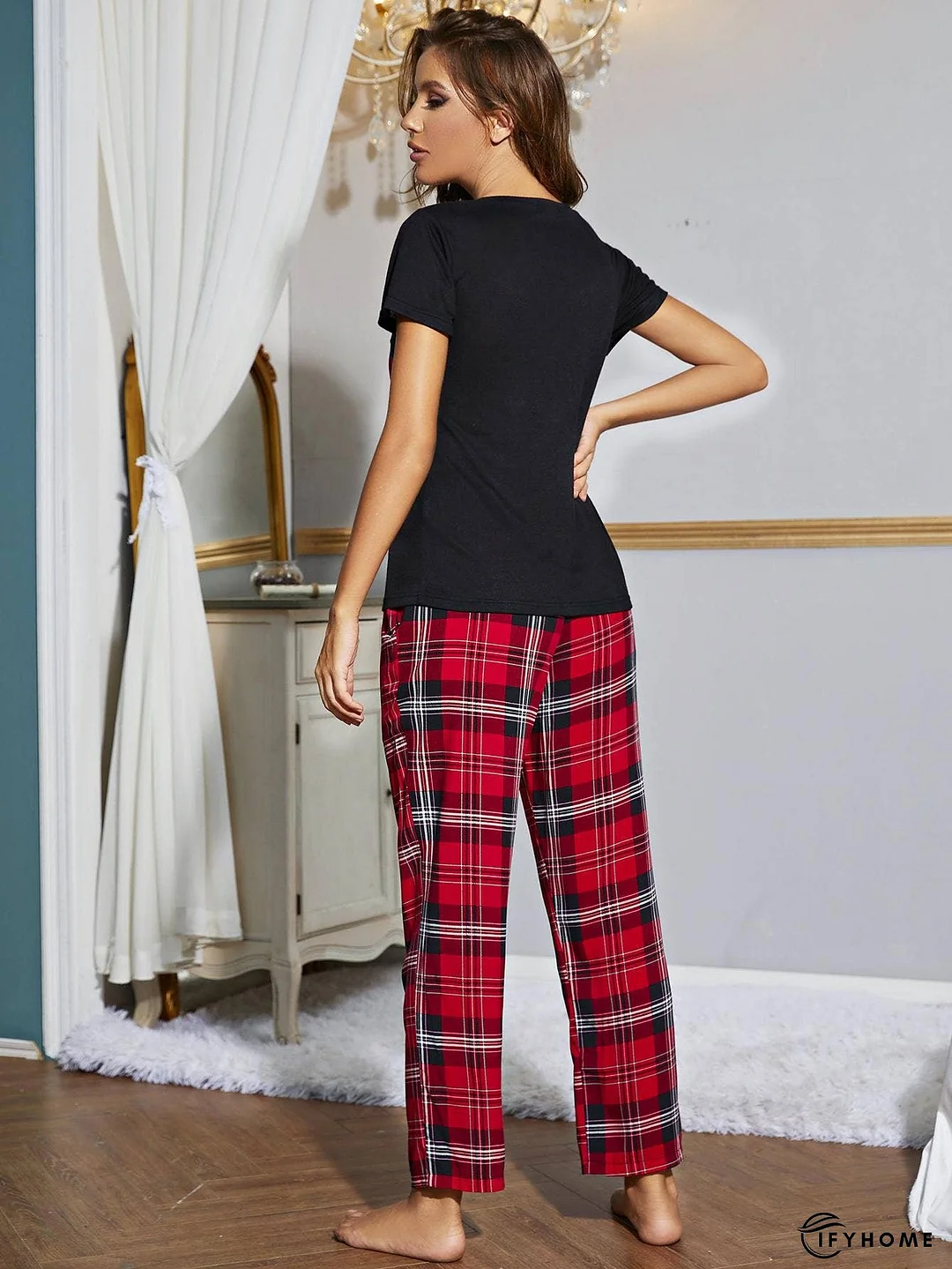 Heart Graphic V-Neck Top and Plaid Pants Lounge Set | IFYHOME