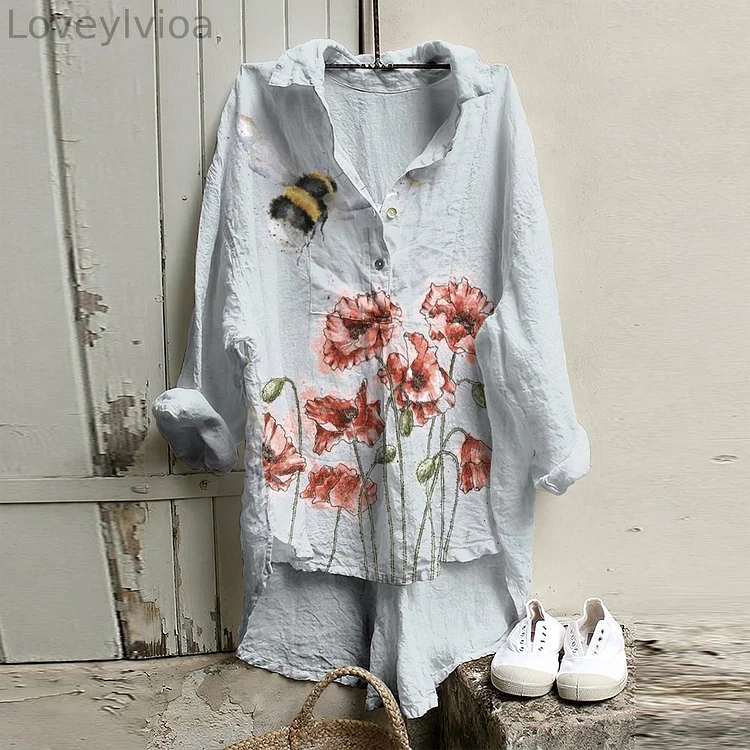 Vintage Bees & Flowers Art Cozy Lapel Casual Shirt