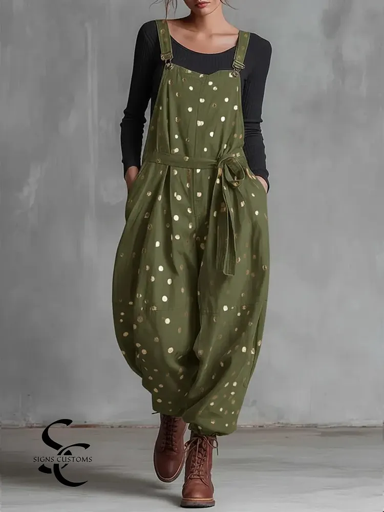 Women's Casual Gold Polka Dot Cotton Jumpsuit