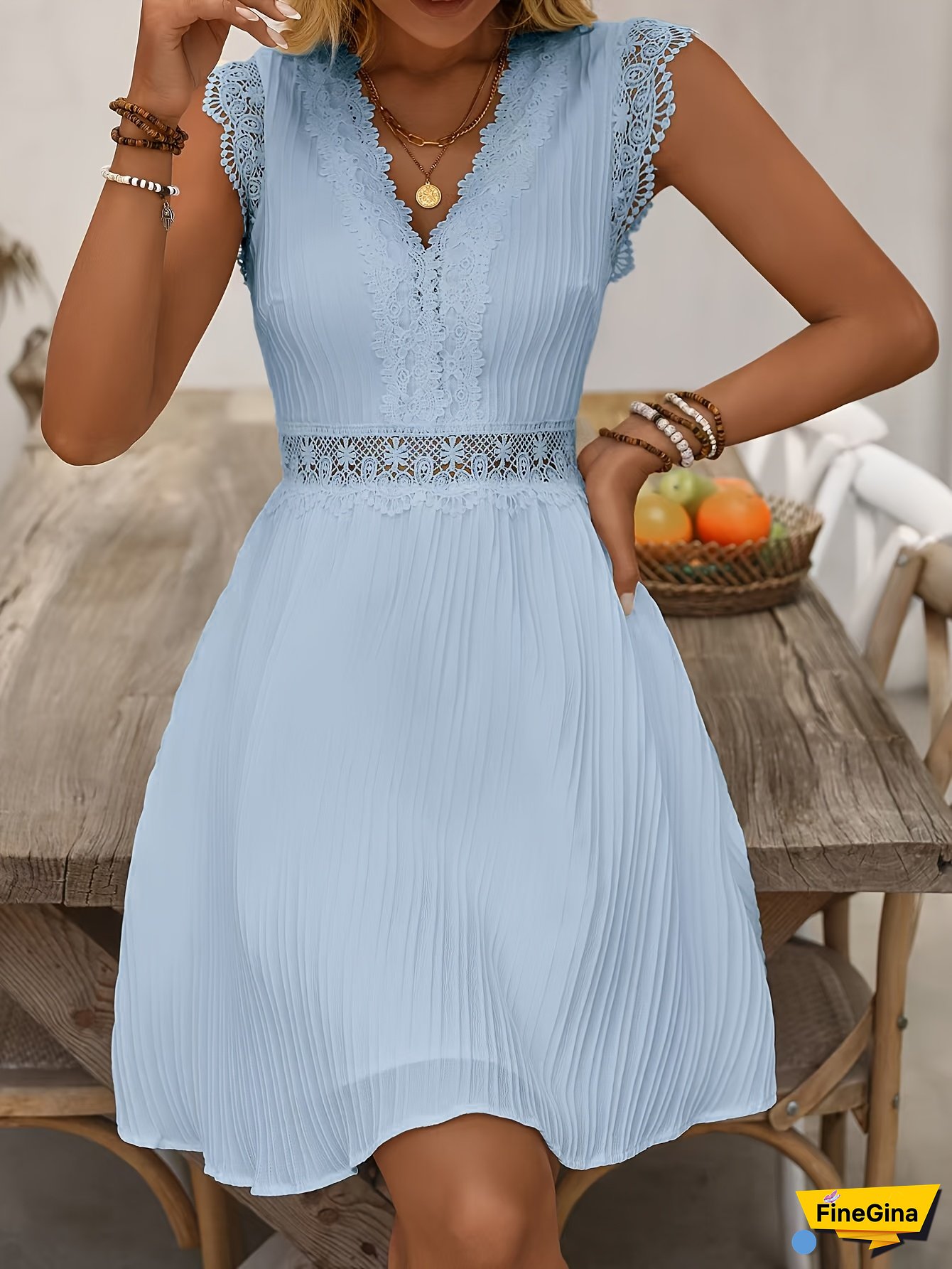 Elegant Pink V-Neck Lace Trim A-Line Dress For Women - Flutter Sleeve Ribbed Texture Mini Dress With Cinched Waist, Perfect For Spring/Summer Vacations, Summer Fashion, Quality Material