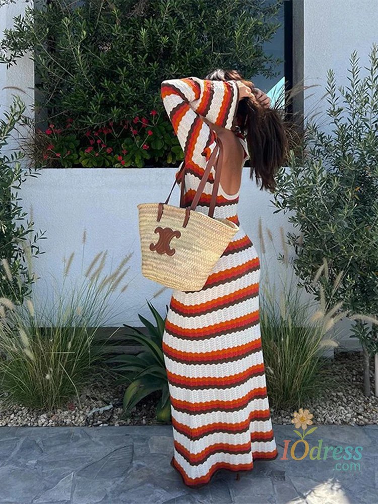 IO Dress Tossy Striped Contrast Knit Maxi Dress Women Hollow Out Long Sleeve Cover up Summer Loose Ladies Dress High Waist Fashion Dress