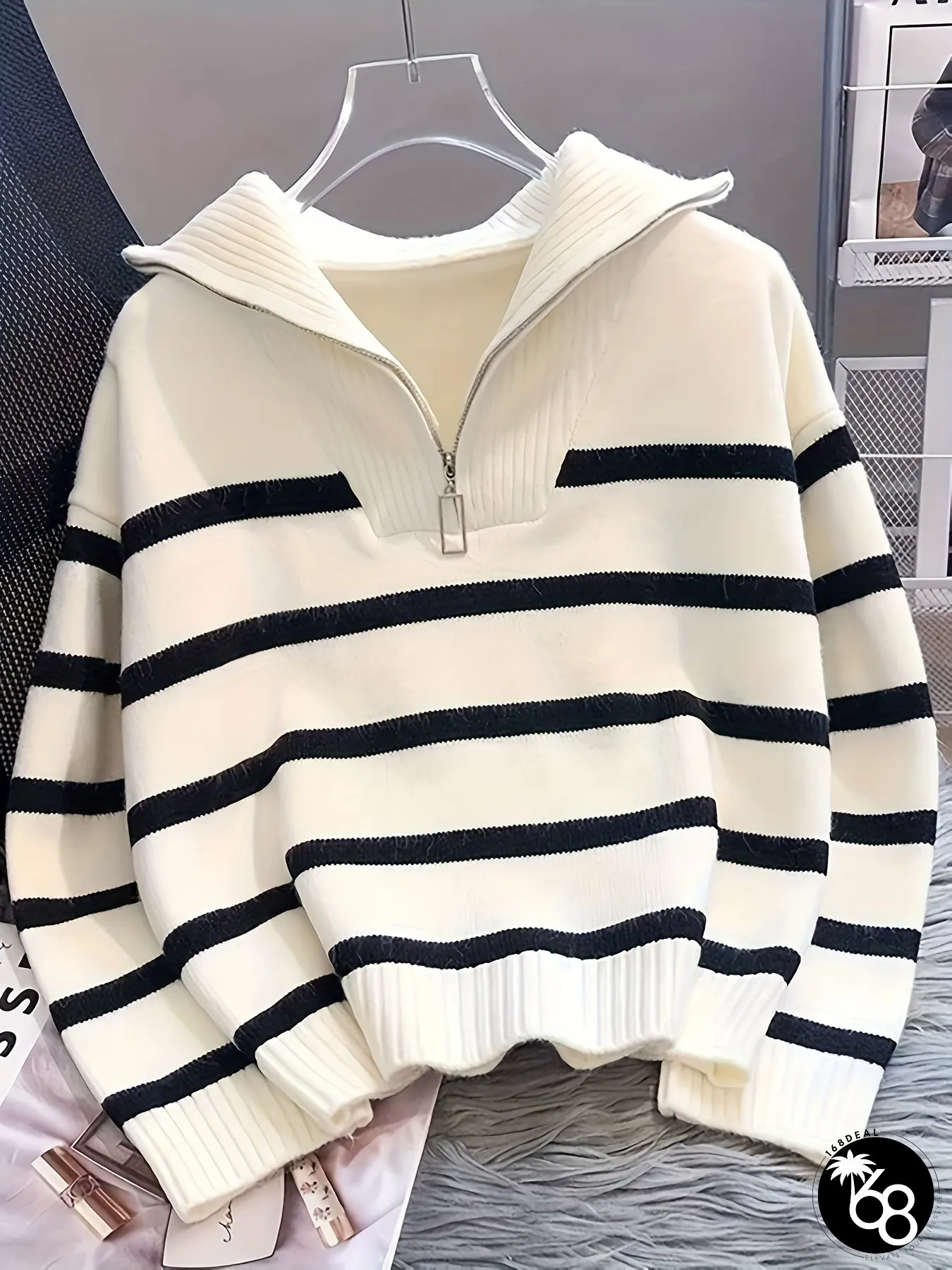 Womens Elegant White Black Striped Zipper Sweater Long Sleeve Winter Coat with Full-Zip | 168DEAL