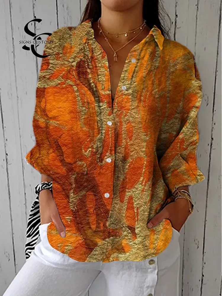 Women's Vintage Art Quicksand Print Casual Linen V-neck Shirt