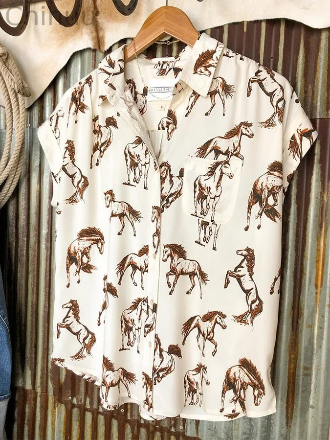 Women's Retro Western Horse Print Shirt