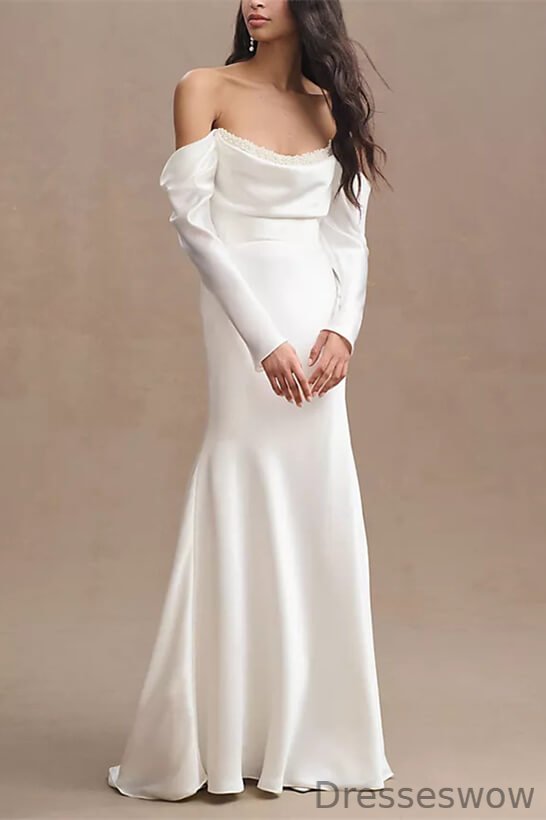Dresseswow Off-the-Shoulder Long Sleeves Satin Mermaid Wedding dress With Pearls
