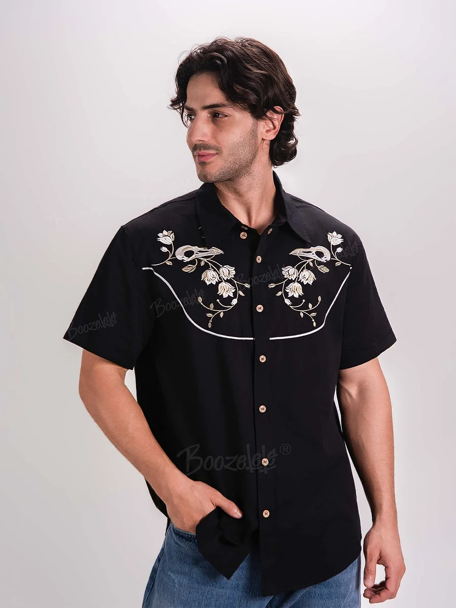 Embroidery】Flower And Raven Skull Print Men's Hawaiian Shirt