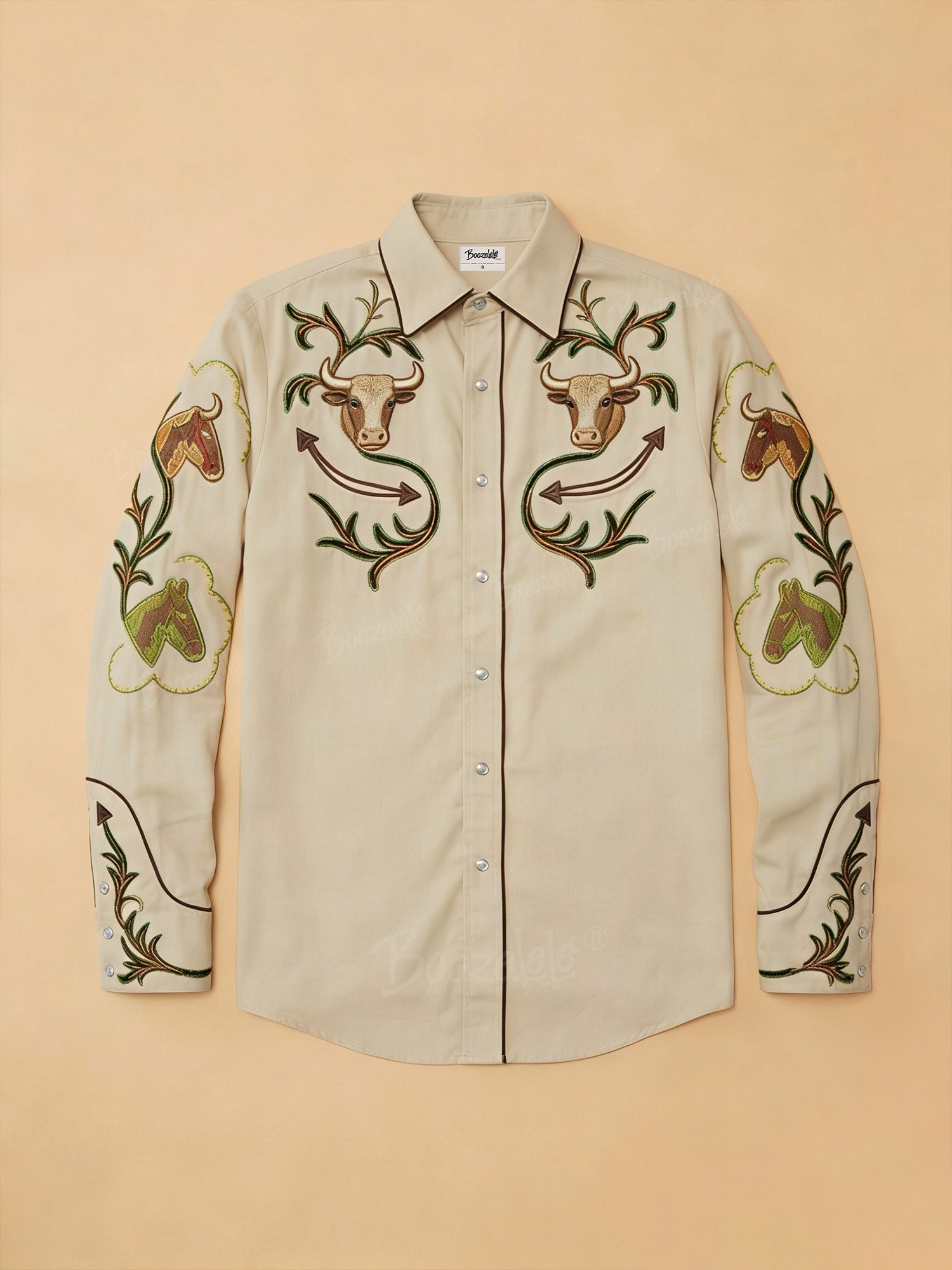 Men'S Retro Western Bull Totem Floral Long-Sleeved Shirt - 100% Cotton