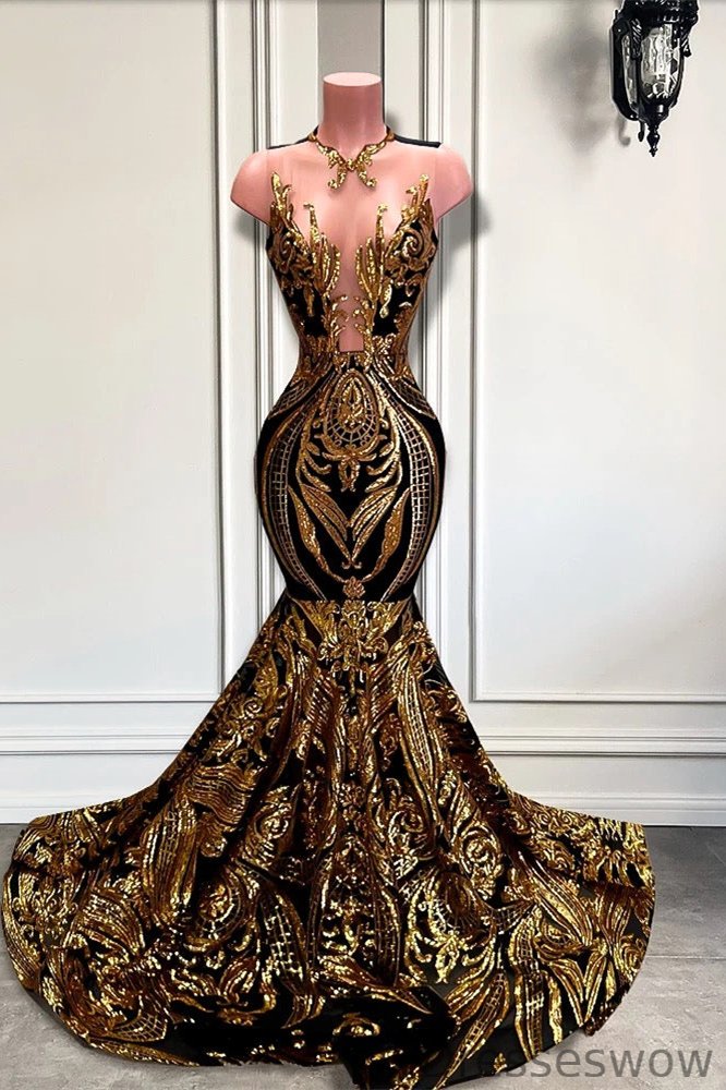 Dresseswow Gold Sequins Evening Dress Mermaid Sleeveless Long Online
