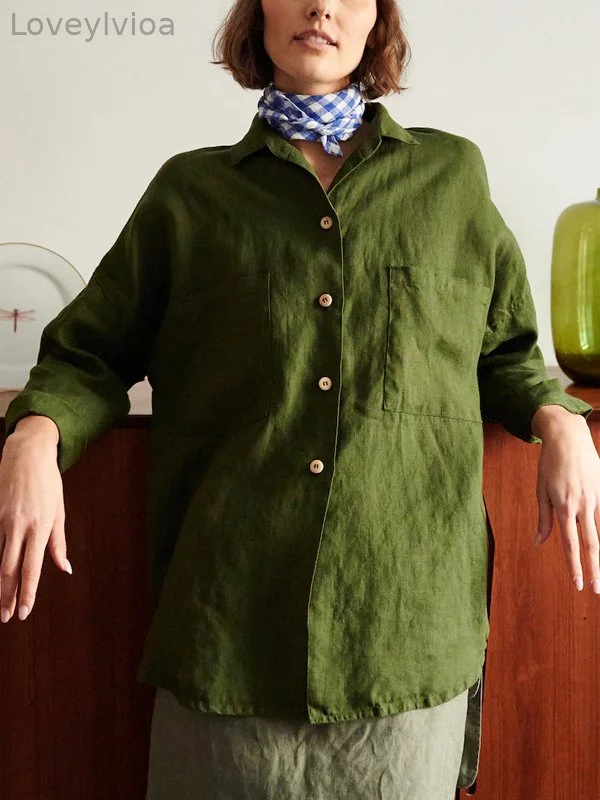 Solid Color Cotton And Linen Button-Down Shirt