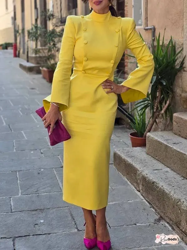 Flared Sleeves High Waisted Buttoned Solid Color Mock Neck