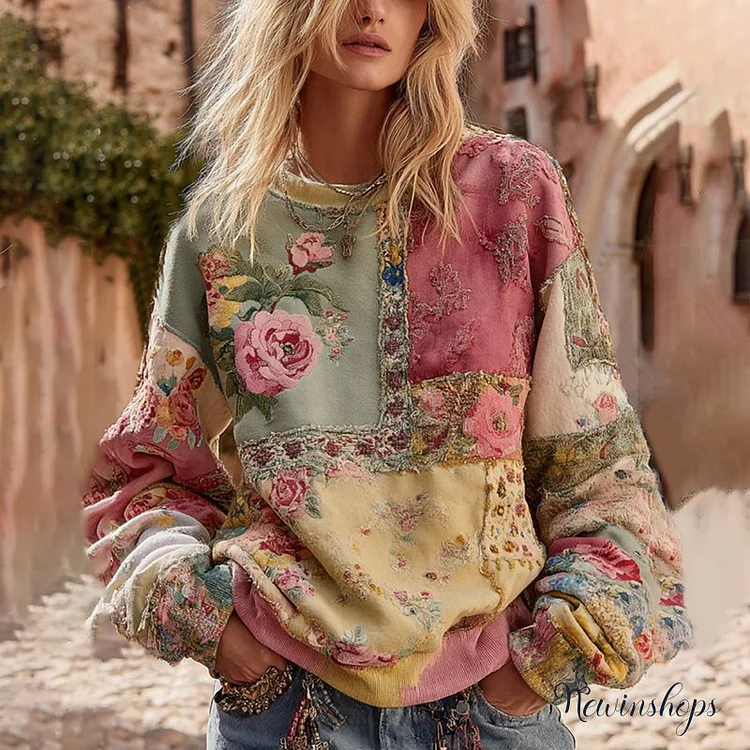 Vintage Rose Floral Embroidery Patchwork Art Crew Neck Sweatshirt
