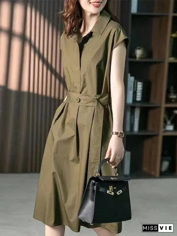Plus Size Short Sleeves Bandage Solid Color Lapel Midi Dresses
