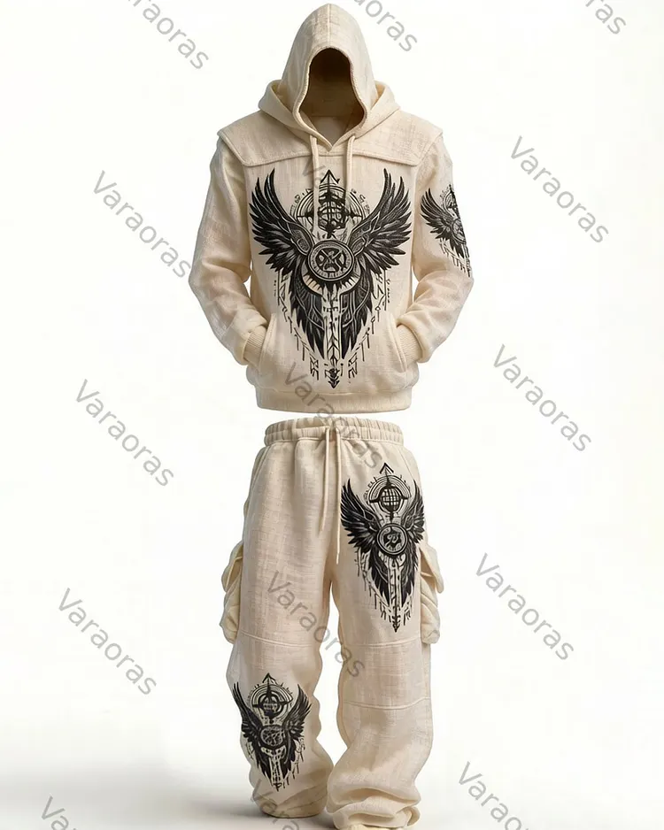 Men's Summer Fashion Viking Embroidered Short-Sleeve Hooded Top and Pants Two-Piece Set 7798