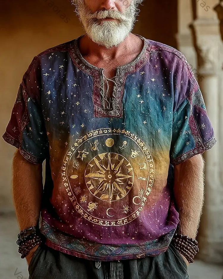 Men's Summer Fashion Linen Short-Sleeve Top with Star and Moon Embroidery 3141
