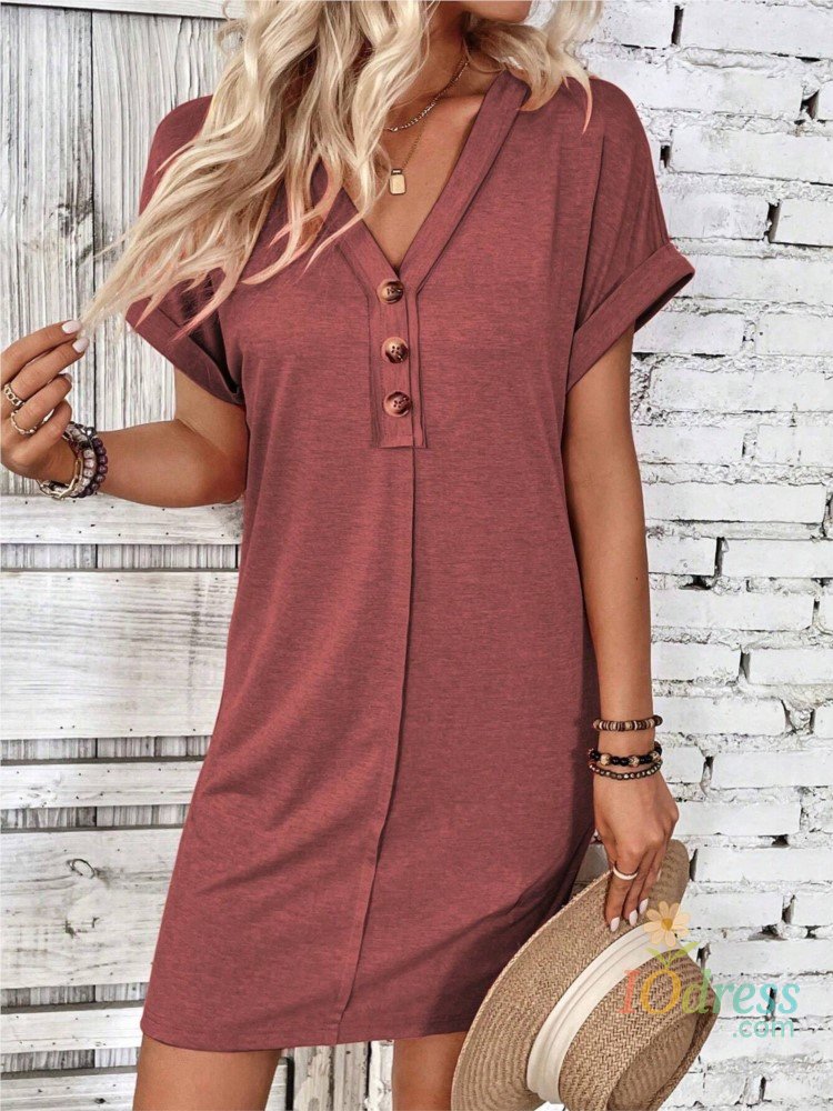 IO Dress For Women Casual Trend Short Sleeve Mini Dress New Summer Fashion Solid V Neck Button Down Beach Party Dresses Femme Robe