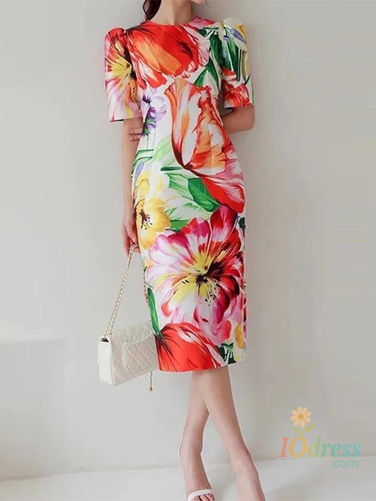 IO Dress Shop 2025 Women Short Puff Sleeve Sundress Bohemian Floral Print Midi Dresses Sexy Round Neck Holiday Waisted Robe Oversized IO Dress