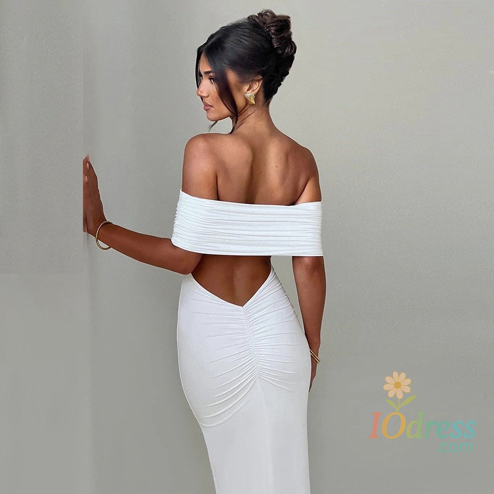 IO Dress Summer Sexy Off-Shoulder Backless Slim Fit Bodycon Dress with Pleated Hip Accent High Slit Club Party Evening Wear Elegant Dress