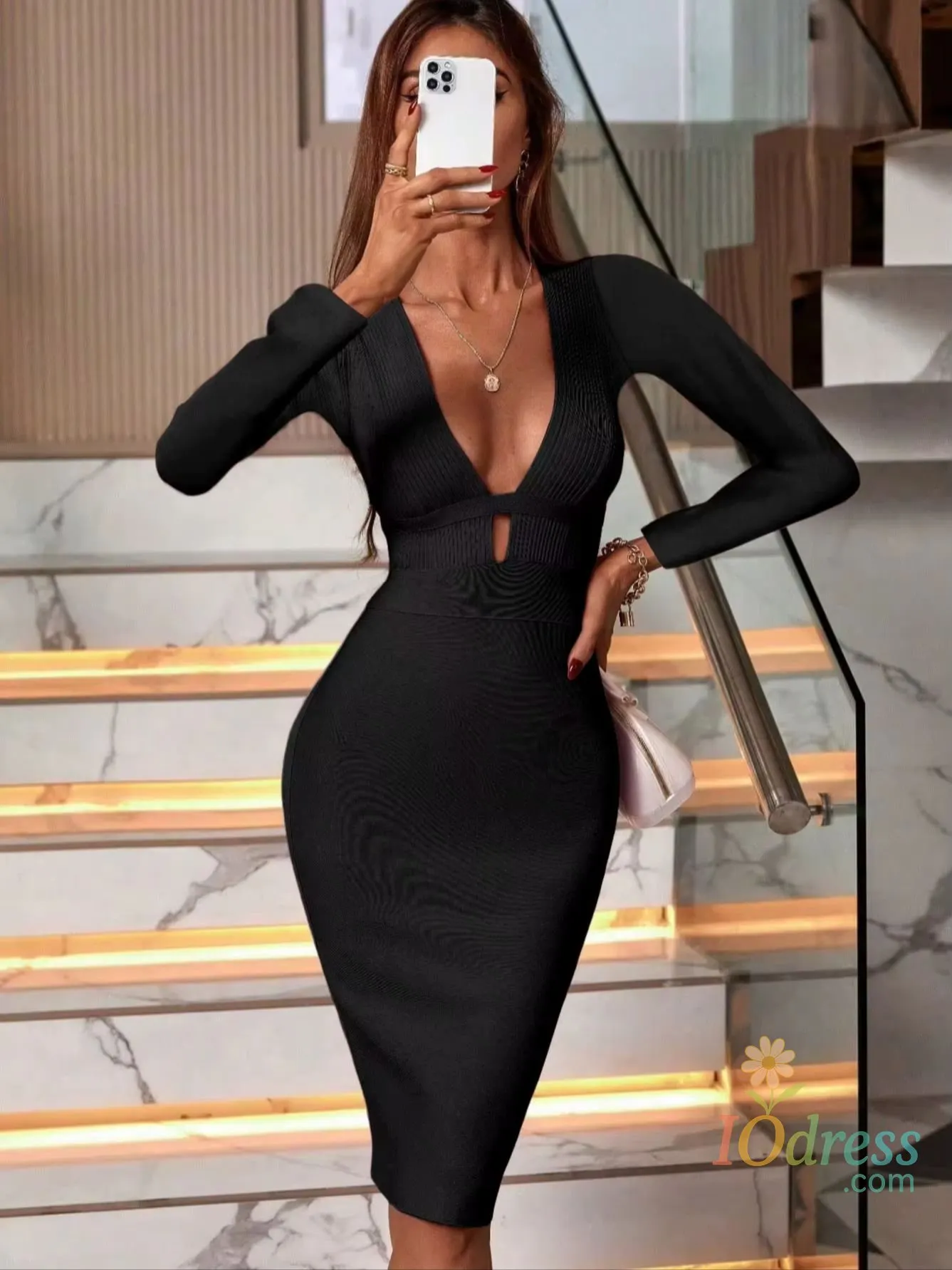 IO Dress Women's Fashion Spring Summer Sexy Elegant Black Long Sleeve Midi Backless Bodycon Bandage Dress Party Cocktail Evening Dress IO Dress
