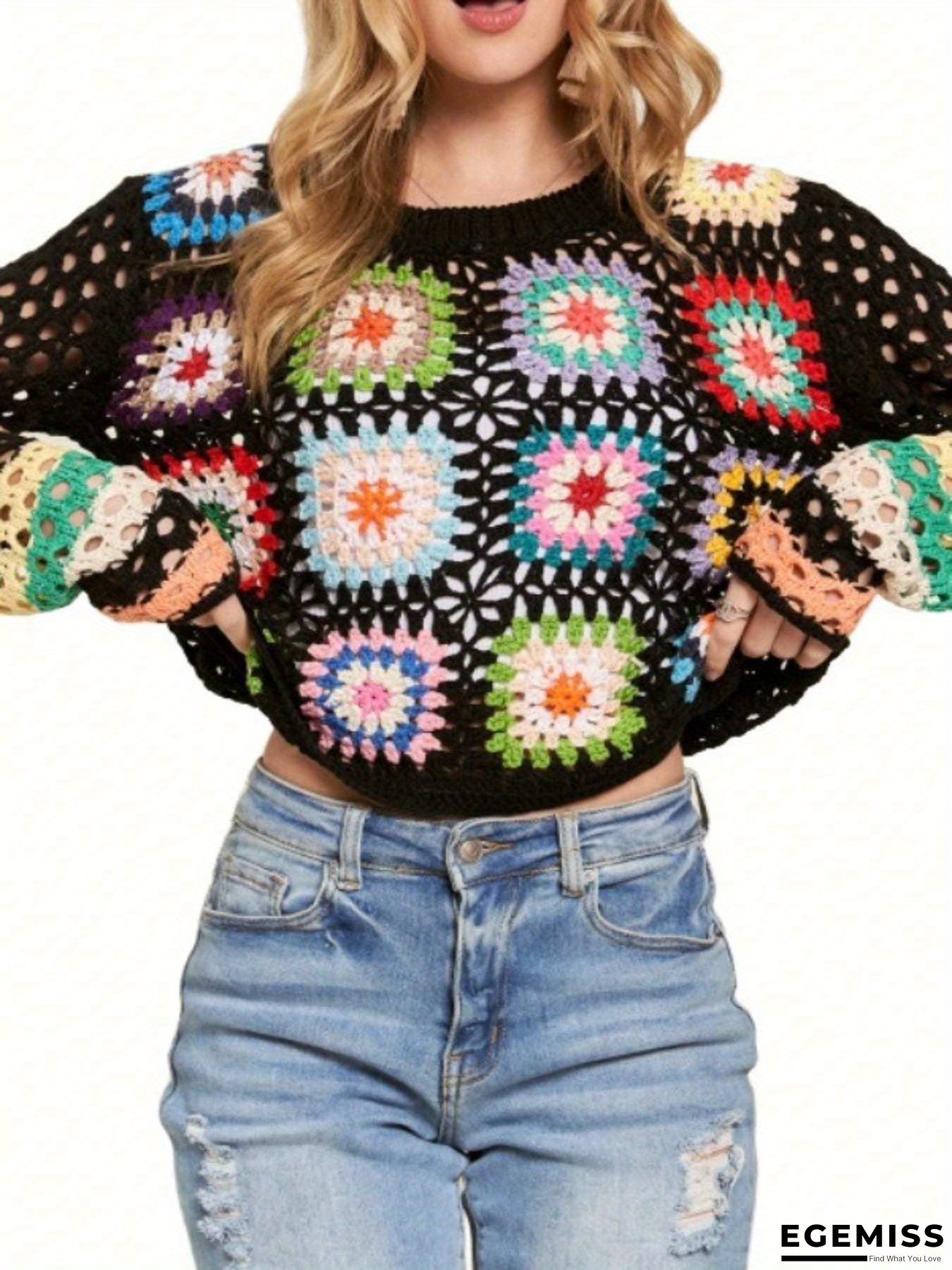 Women's Bohemian Crochet Sweater Cover Up - Non-See-Through Cropped Top With Granny Square Pattern In Multicolor (Black/Teal/Pink/Beige/Orange/Green/Blue/Red/White/Gray/Brown/Yellow/Purple/ - Button Neckline For Beach, Festival | EGEMISS