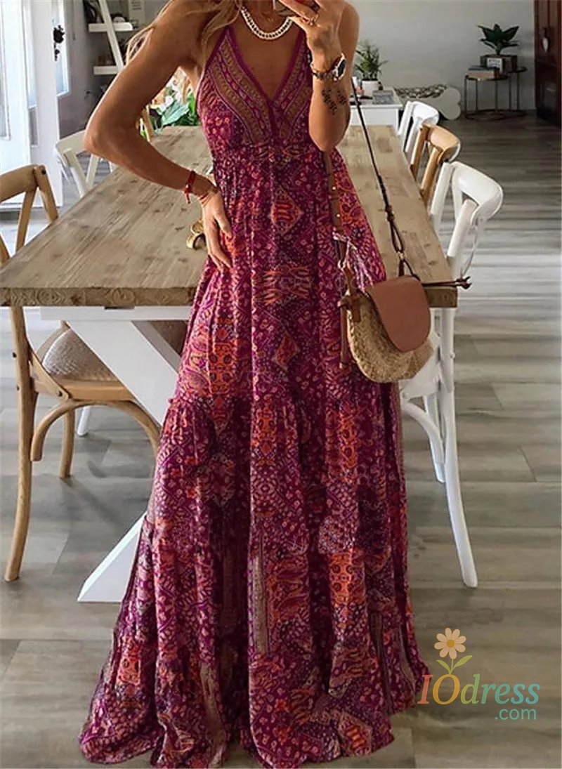 IO Dress Women's clothing long dress Bohemian style new suspender long dress high waist V-neck printed floral dress women's clothing