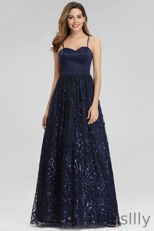 Gorgeous Navy Blue Spaghetti-Straps Evening Gowns Long Sweetheart Prom Dress With Leaves Embelishments - lulusllly
