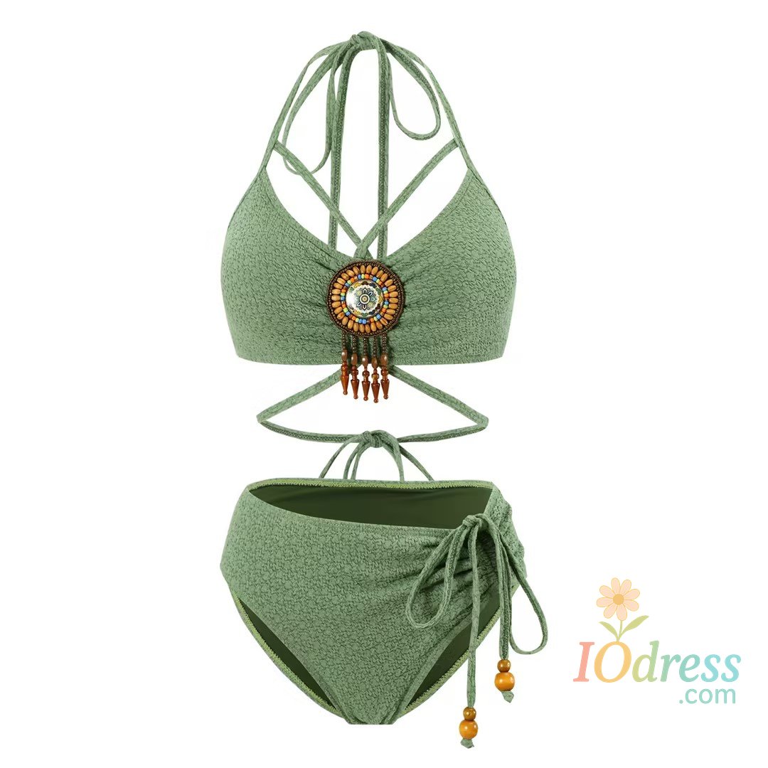 IO Dress 2025 Bikini New Bean Green Bohemian Style Sexy Split Swimsuit Set, Female Hot Item