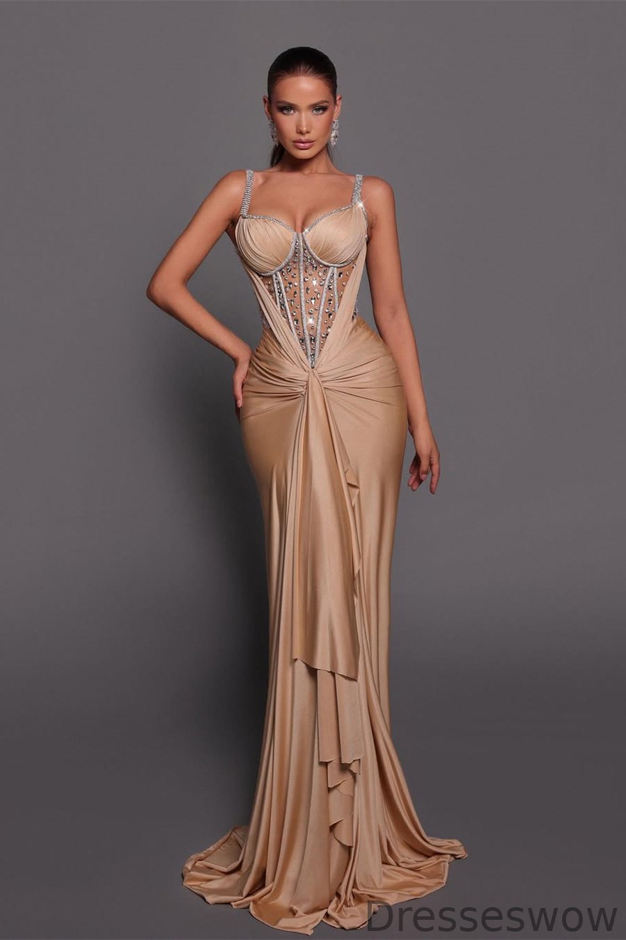 Dresseswow Champagne Sweetheart Straps Sleeveless Mermaid Prom Gown With Beadings Ruffles