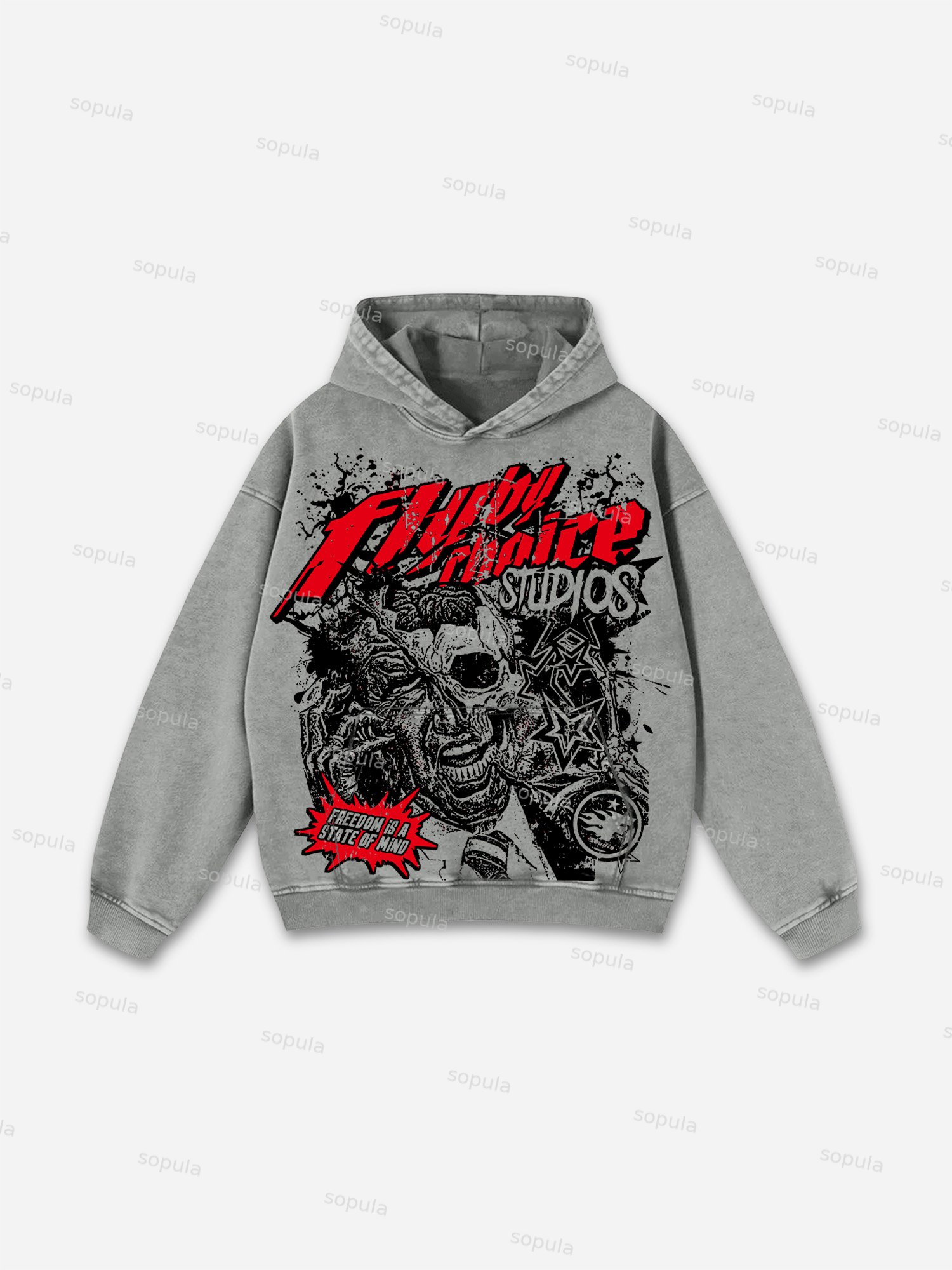 Sopula Fly By Choice Freedom Is A State Of Mind Skull Graphic Washed Hoodie