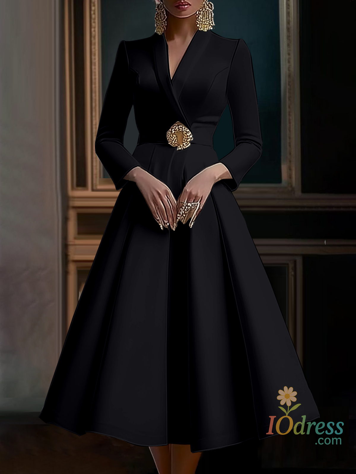 IO Dress Elegant Women's Dress Wrap V Neck Long Sleeve Pleated Midi Dress Waisted Evening Party Dress Women's Long Dress Vestidos IO Dress