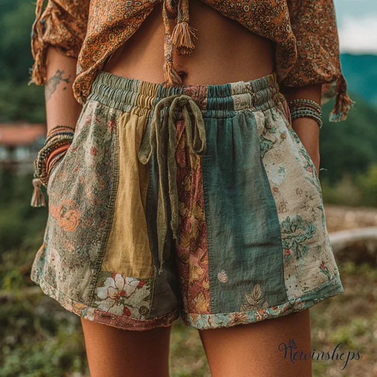 Women's Patchwork Floral Contrast Waist Drawstring Pocket Shorts
