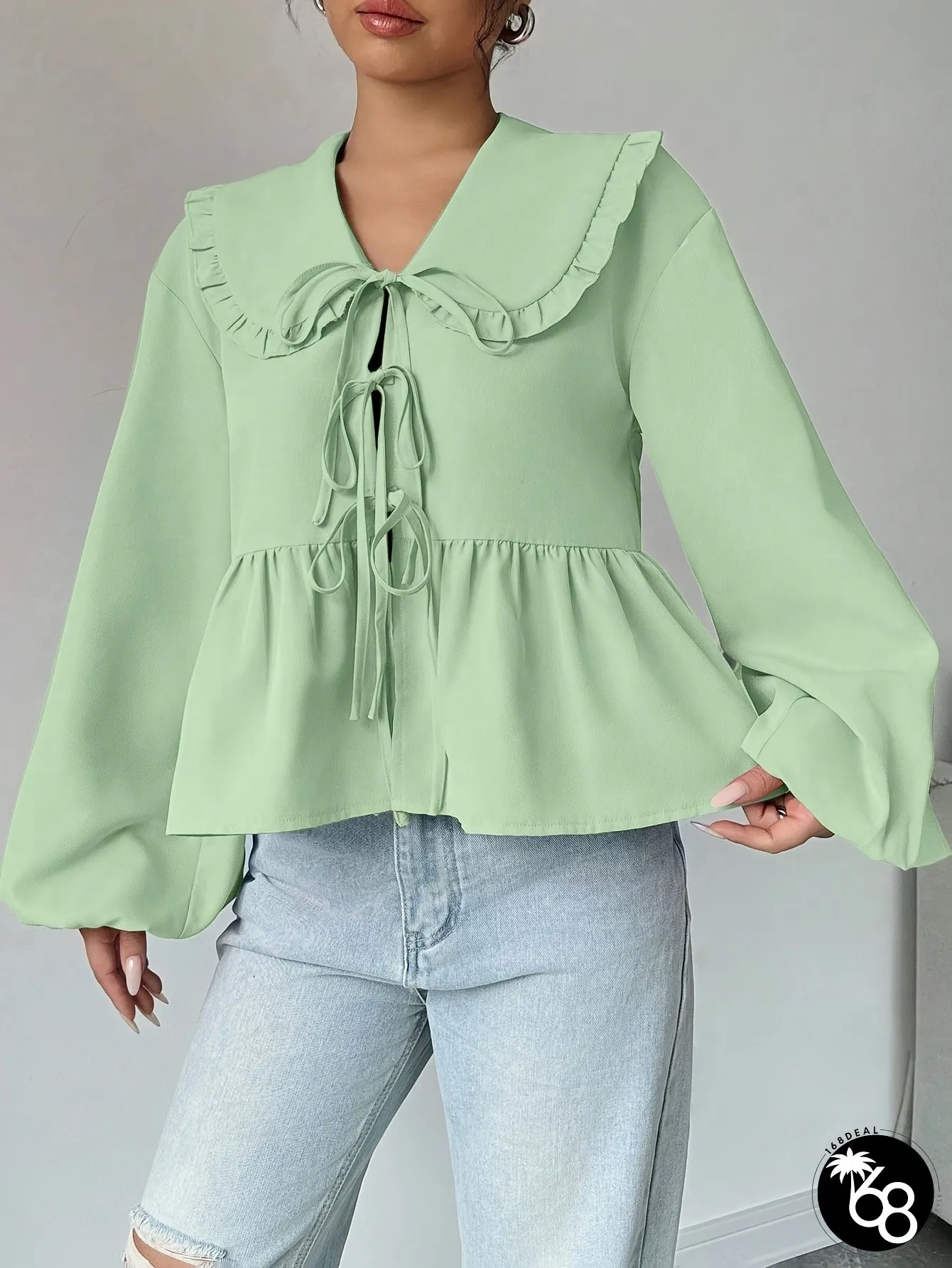 Womens Elegant Solid Mint Green Tie-Front Blouse Long Sleeve Ruffled Cuff Shirt | 168DEAL