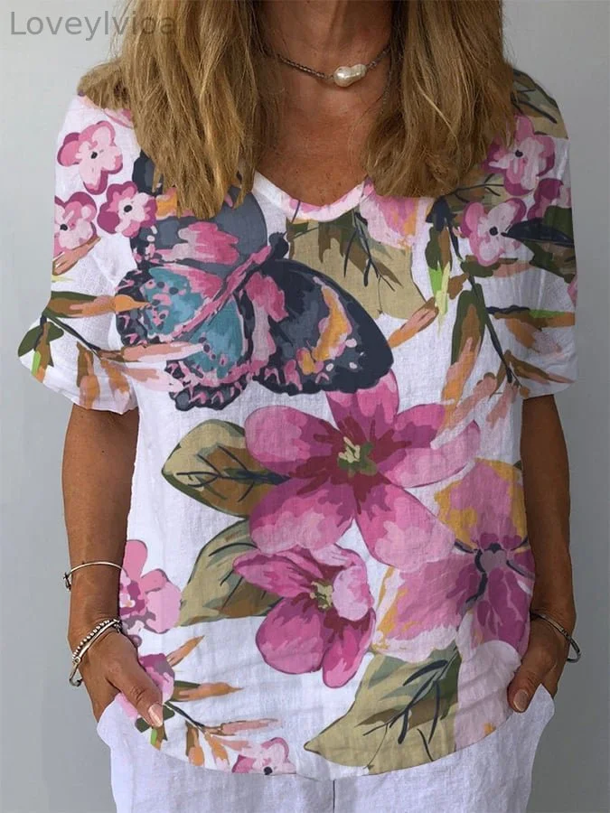 Women's Retro Floral Casual V-Neck Cotton And Linen Top