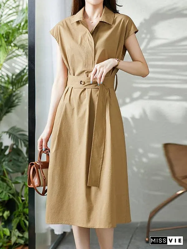 Plus Size Short Sleeves Bandage Solid Color Lapel Midi Dresses