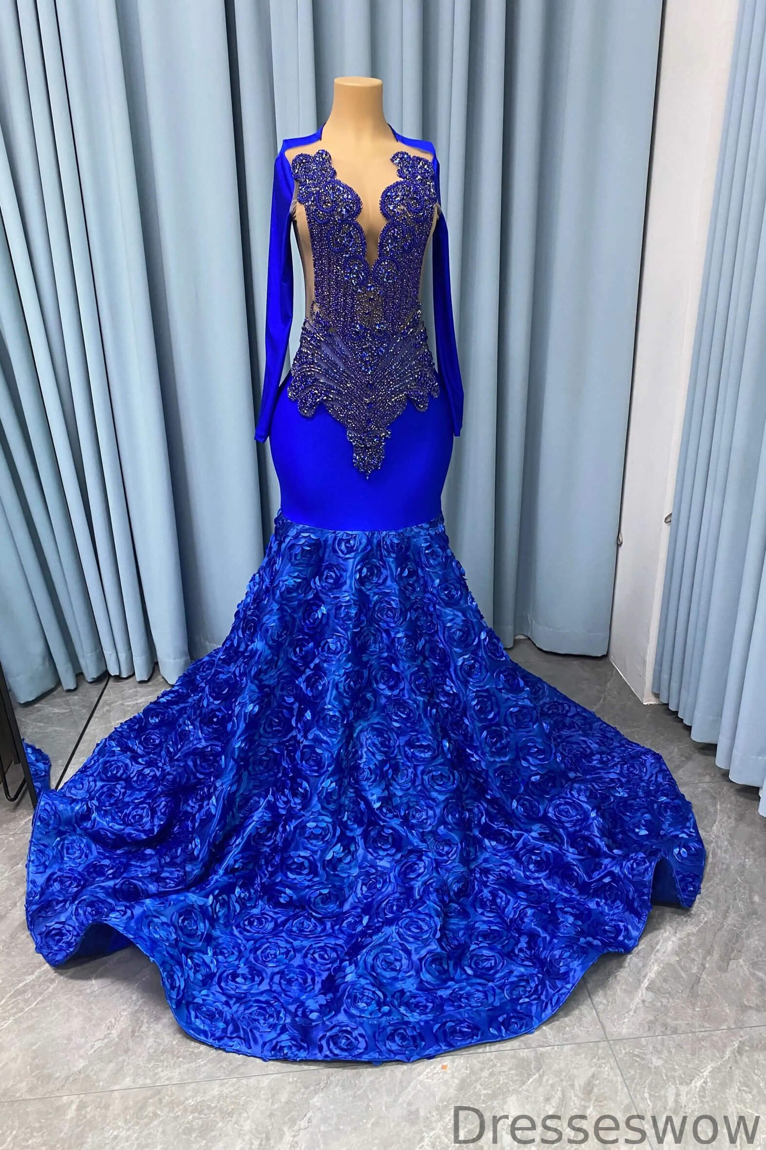 Dresseswow Royal Blue Long Sleeves Prom Dress Mermaid Beadings With Flowers Bottom